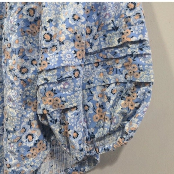 Free People Floral Button Down Blouse Blue Puff Sleeve Pleated Boho Top - Picture 9 of 12